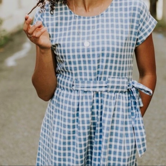 blue and white checkered dress